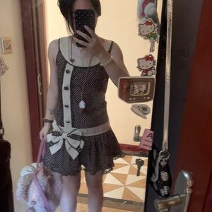 LIZ LISA Black with Beige Trim Polka Dot Mini Dress